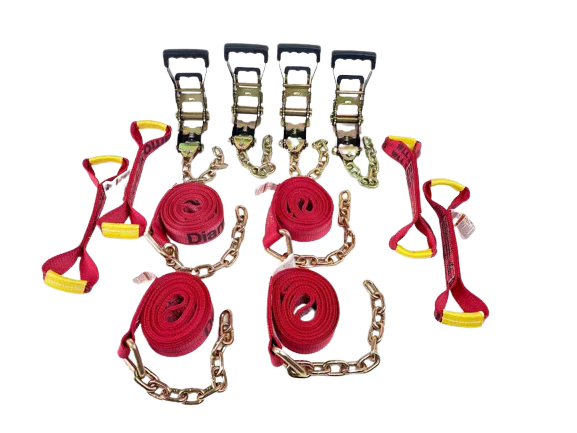 8 Point Heavy Duty KIT 14' Diamond Weave Strap Kit for Rollback/Flatbed Tie Downs with 12" Chain Tails
