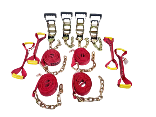 8 Point Heavy Duty 14' Diamond Weave Strap Kit for Rollback/Flatbed Tie Downs with 12" Chain Tails