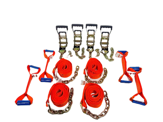 8 Point Heavy Duty KIT 14' Diamond Weave Strap Kit for Rollback/Flatbed Tie Downs with 12" Chain Tails