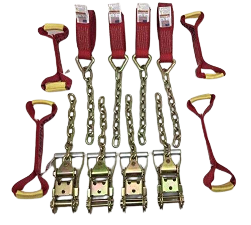 18' 8 Point Towing Tie Down Kit of DIAMOND WEAVE Rollback / Flatbed Car Tie-Downs with Chain Tails