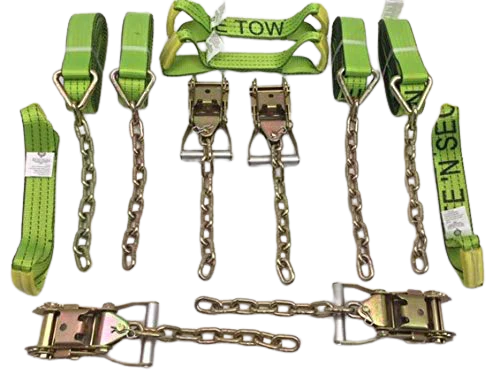 8 Point Heavy Duty TECNIC Strap Kit 14' for Rollback/Flatbed Tie Downs with 12" Chain Tail