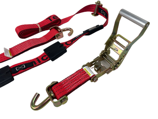 Red TECNIC PRO Swivel-J Ratchet Wheel strap with Tread Grabs