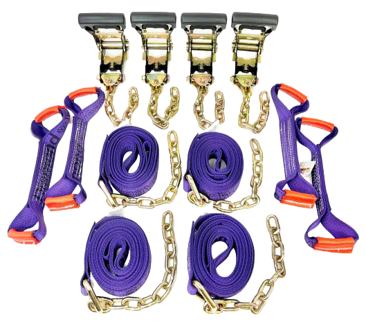8 Point Heavy Duty KIT 14' Diamond Weave Strap Kit for Rollback/Flatbed Tie Downs with 12" Chain Tails