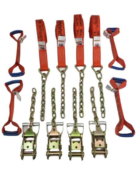 14' 8 Point Kit of DIAMOND WEAVE Rollback / Flatbed Car Tie-Downs with Chain Tails